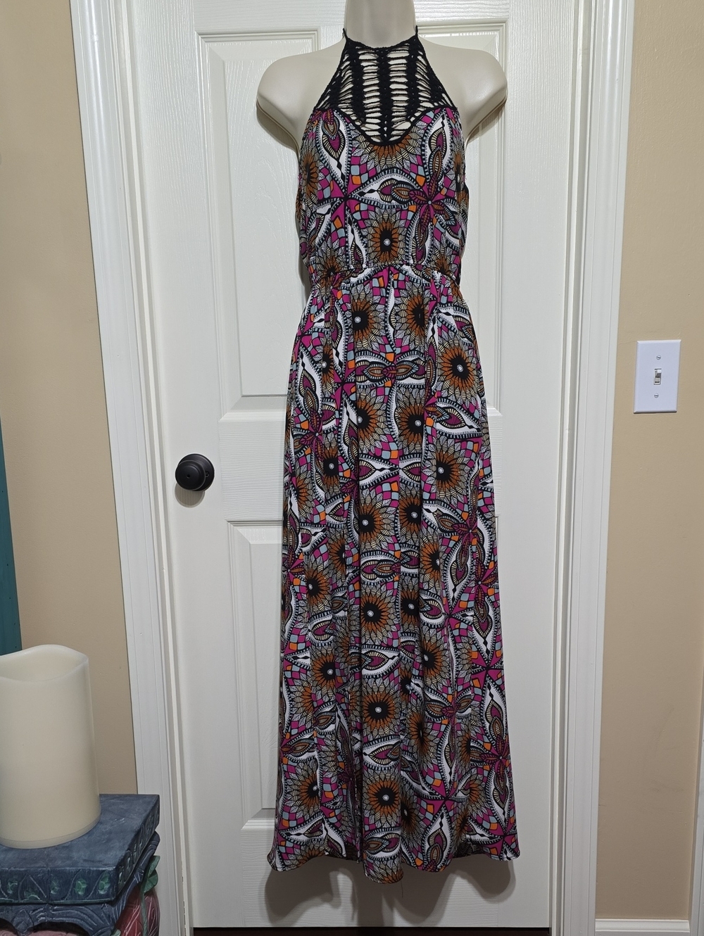 Fire Los Angeles Halter Maxi Dress in Pink, Black & Brown